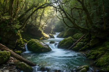 serene forest stream with rushing water over mossy rocks under dappled sunlight canopy