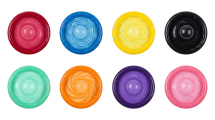Colorful condom set including ribbed, dotted, spiral, and textured variants isolated. Sexual health and contraception collection.