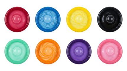 Colorful condom set including ribbed, dotted, spiral, and textured variants isolated. Sexual health and contraception collection.