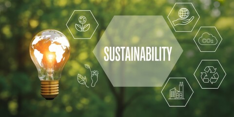 Sustainability's Core Values: An illuminated light bulb holding the earth, alongside symbolic environmental elements, emphasizing core sustainability concepts.