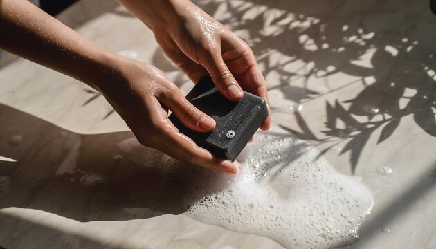 Hands washing a bar of soap creating foam with water on a marble surface