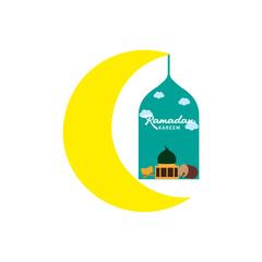 Islamic Ramadan Kareem badge vector illustration. Sticker template Ramadan badge with crescent moon and mosque shape