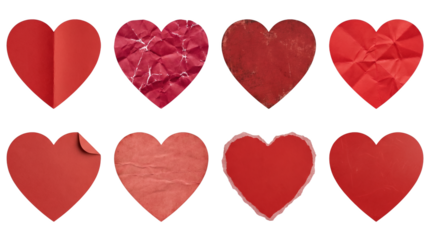 Red heart paper set including crumpled, folded, torn, and vintage textures isolated. Valentines and love craft collection.