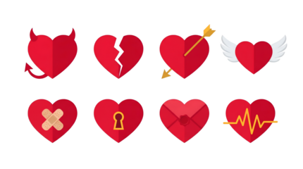 Red heart icon set including devil, broken, arrow, wings, bandage, lock, envelope, and pulse variants isolated. Romantic and emotional symbol collection.