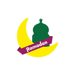 Ramadan badge with mosque and moon shape vector illustration. Islamic Ramadan sticker