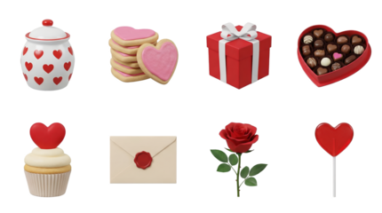 Valentine's Day romantic gift set including heart cookies, chocolate box, rose, cupcake, and envelope isolated. Anniversary and holiday celebration collection.