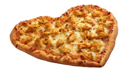 Heart shaped pizza with chicken topping on transparent background for valentines day