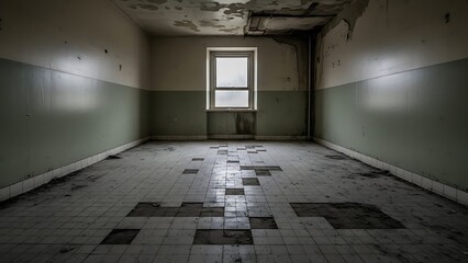 Empty square room with gloomy interior of an abandoned hospital room filled with numerous tiles laid across the floor
