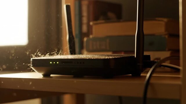 Dusty wireless router with antenna on shelf, close up, home technology network.