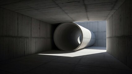 Empty square room with Long concrete tunnel illuminated by sunlight