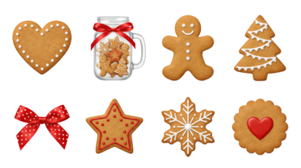 Gingerbread cookie set including heart, man, star, snowflake, and tree shapes with a glass jar isolated. Christmas bakery and holiday sweets collection.