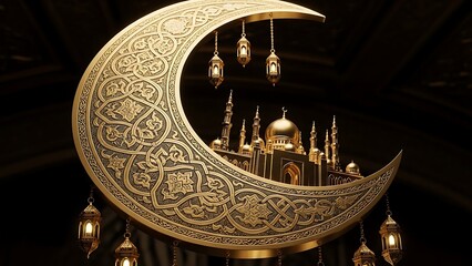 Golden Crescent Moon and Mosque: An enchanting scene of a golden crescent moon, adorned with intricate designs, cradling a miniature golden mosque and illuminating hanging lanterns.