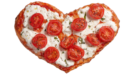 Heart shaped pizza with tomato sauce and mozzarella cheese on transparent backdrop