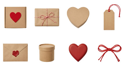 Valentine gift packaging set including cardboard boxes, heart shapes, envelopes, tags, and twine isolated. Romantic holiday and anniversary decoration collection.