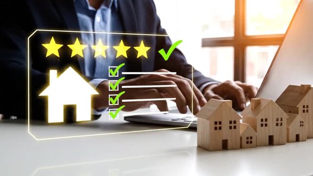 A person using a laptop with small house models representing online property searches and real estate investments with a glowing home outline