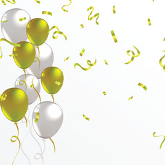 Beautiful celebration party template with gold, white balloons and confetti.