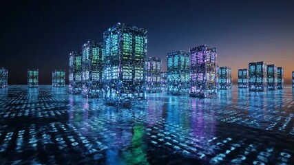 Futuristic cityscape with digital binary code, technology and architecture concept. - Powered by Adobe