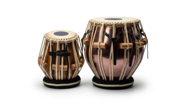 Traditional Indian tabla drum pair isolated on white background, featuring detailed skins, lacing, and wooden rings used for classical, folk, and contemporary music rhythms

