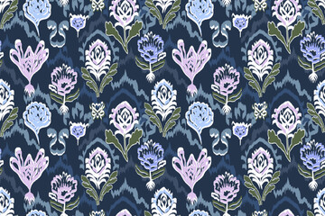 Seamless floral patterns in a botanical style, hand-painted using the Ikat technique, suitable for all types of textiles.