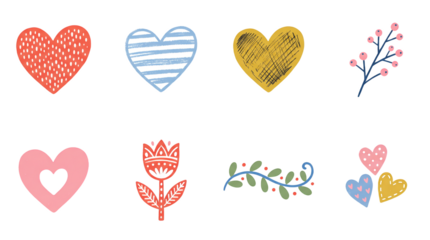 Decorative heart and floral illustration set including patterned hearts, blooming flower, berries, and leafy vine isolated. Romantic hand drawn graphic collection.