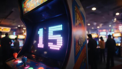 Retro Arcade Machine Displaying Score 15 in a Dimly Lit Game Room.