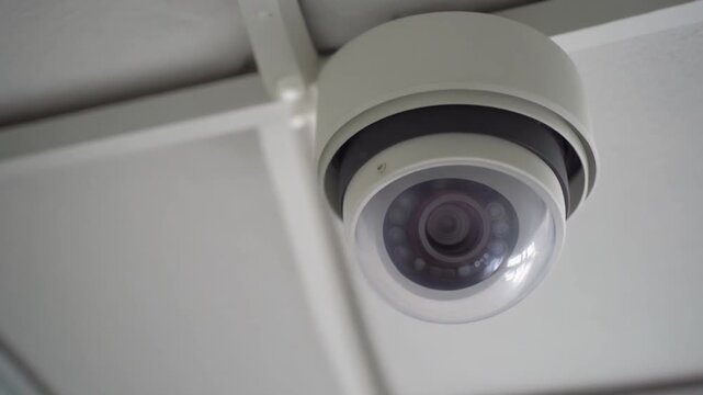A security camera with a dark lens is affixed to a white surface with visible lines and a circular black ring around the camera lens