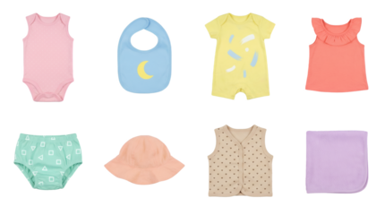 Baby clothes set including bodysuit, bib, romper, shirt, bloomers, sun hat, vest, and blanket isolated. Newborn apparel and accessories collection.