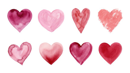 Obraz premium Pink and red watercolor heart set including various hand painted shapes and textured washes isolated. Romantic wedding and valentine's day collection.