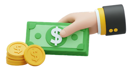 3D Render of Hand Holding Money and Coins