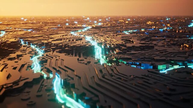 Abstract circuit board pattern with glowing lights for futuristic technology concept.