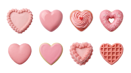 Pink heart shaped dessert set including cake, cupcake, donut, macaron, cookie, and waffle isolated. Sweet pastry and confectionery collection.
