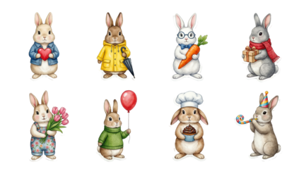 Rabbit character set including bunny with heart, raincoat, carrot, gift, flowers, balloon, cupcake, and party hat isolated. Cute animal sticker and illustration collection.