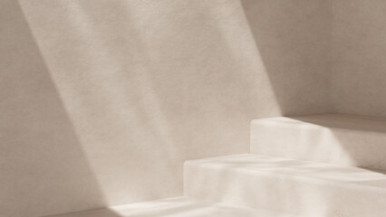 Minimal abstract 3D background featuring beige step-style product podiums illuminated by soft natural light and gentle shadows.
