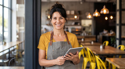 Smiling woman barista tablet cafe owner apron small business casual indoor coffee shop entrepreneur Confident smiling woman