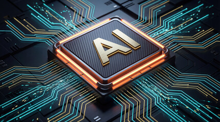 Artificial intelligence chip, neon circuit board, futuristic technology glow, digital processor concept