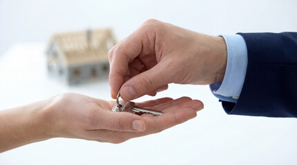 Real estate key hand house contract agreement purchase sale joyful moment of new home ownership and property handover