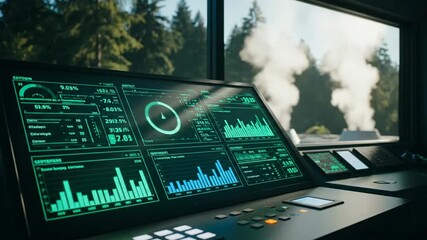 Geothermal energy monitoring with green data charts, technology and industry background. - Powered by Adobe