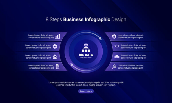 Modern business infographic template with 8-step circular workflow, big data concept, icons and clean typography. Ideal for presentations, analytics, strategy, technology, and corporate reports.