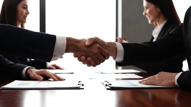 A successful business negotiation is taking place with a handshake sealing the deal between professionals in a modern office setting