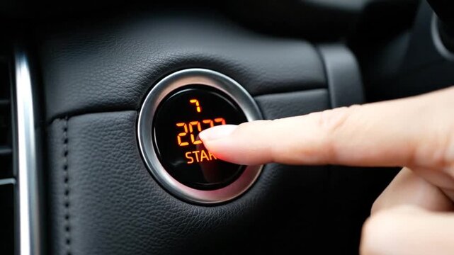 A close up view of a finger poised to press the illuminated start stop button inside a modern vehicle displaying 2027