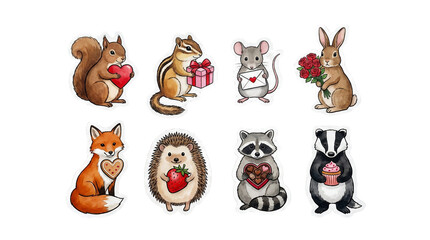 Obraz premium Forest animal set including squirrel, chipmunk, mouse, rabbit, fox, hedgehog, raccoon, and badger with valentine treats isolated. Cute woodland creature collection.