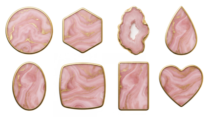 Pink marble and gold frame set including circle, hexagon, teardrop, heart, and rectangle shapes. Elegant gemstone jewelry and decorative element collection.