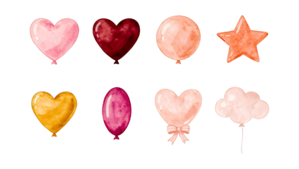 Watercolor balloon set including heart, star, cloud, round, and oval shapes isolated. Festive party and celebration decoration collection.