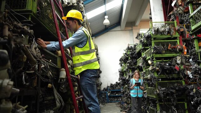 Caucasian woman and Asia man engineer or mechanic use tablet computer checking auto part or car part at car part warehouse
