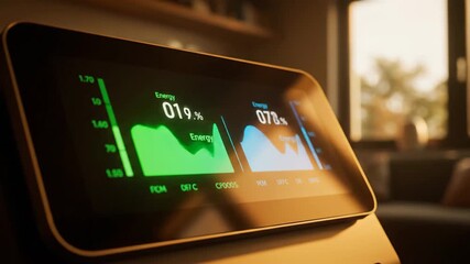 Close-up of energy graph data on digital display, showing green and blue energy consumption charts. Technology data and charts on screen with bokeh background. - Powered by Adobe