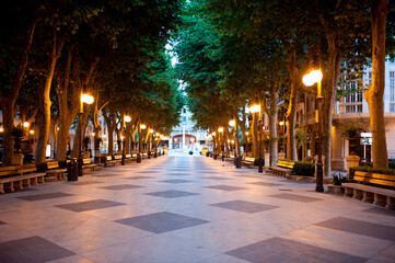 Passeig del Borne avenue in Palma de Mallorca with empty benches at dusk