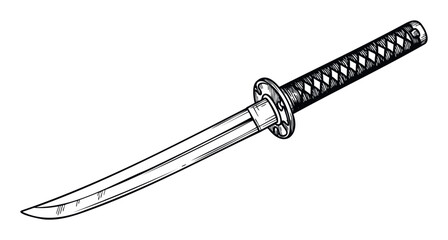 A striking black and white handdrawn style Japanese katana sword featuring a finely detailed wrapped handle, excellent for martial arts themes, cultural studies, or graphic design projects.