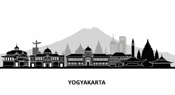 Yogyakarta Skyline and Landmarks Silhouette Vector