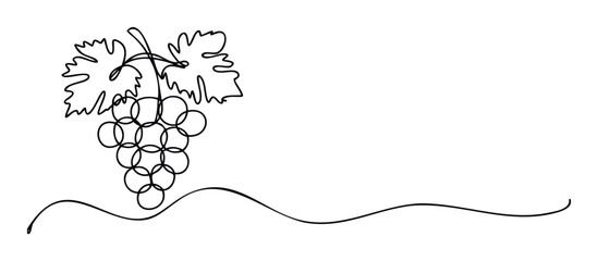 Simple linear graphic of a grape bunch and vine leaves seamlessly extending into a decorative wave, ideal for labels, restaurant menus, or creative stationery.