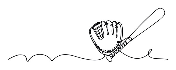 Dynamic continuous line drawing of a baseball glove and bat, perfect for sportsrelated branding, event promotions, athletic merchandise, or game day marketing materials.